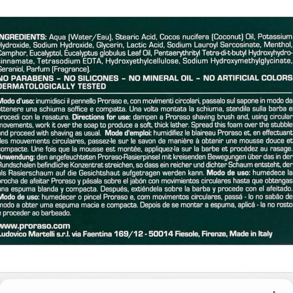 Proraso Shaving Soap in a Bowl with Eucalyptus Oil and Menthol